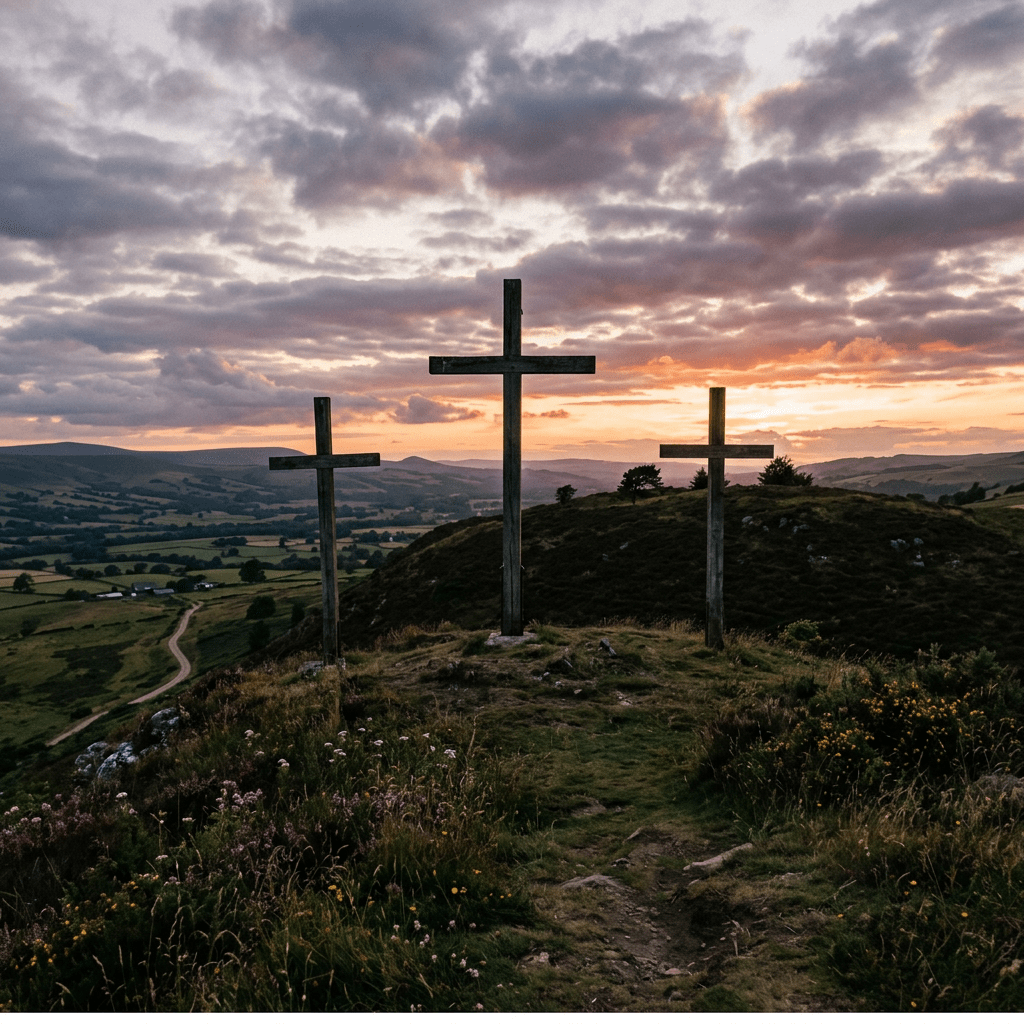 Three wooden crosses on a grassy hill with a sunset and clouds in the background